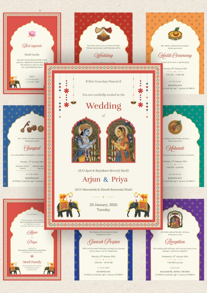 Radha Krishna Pichwai Theme Wedding Invitation — image 1